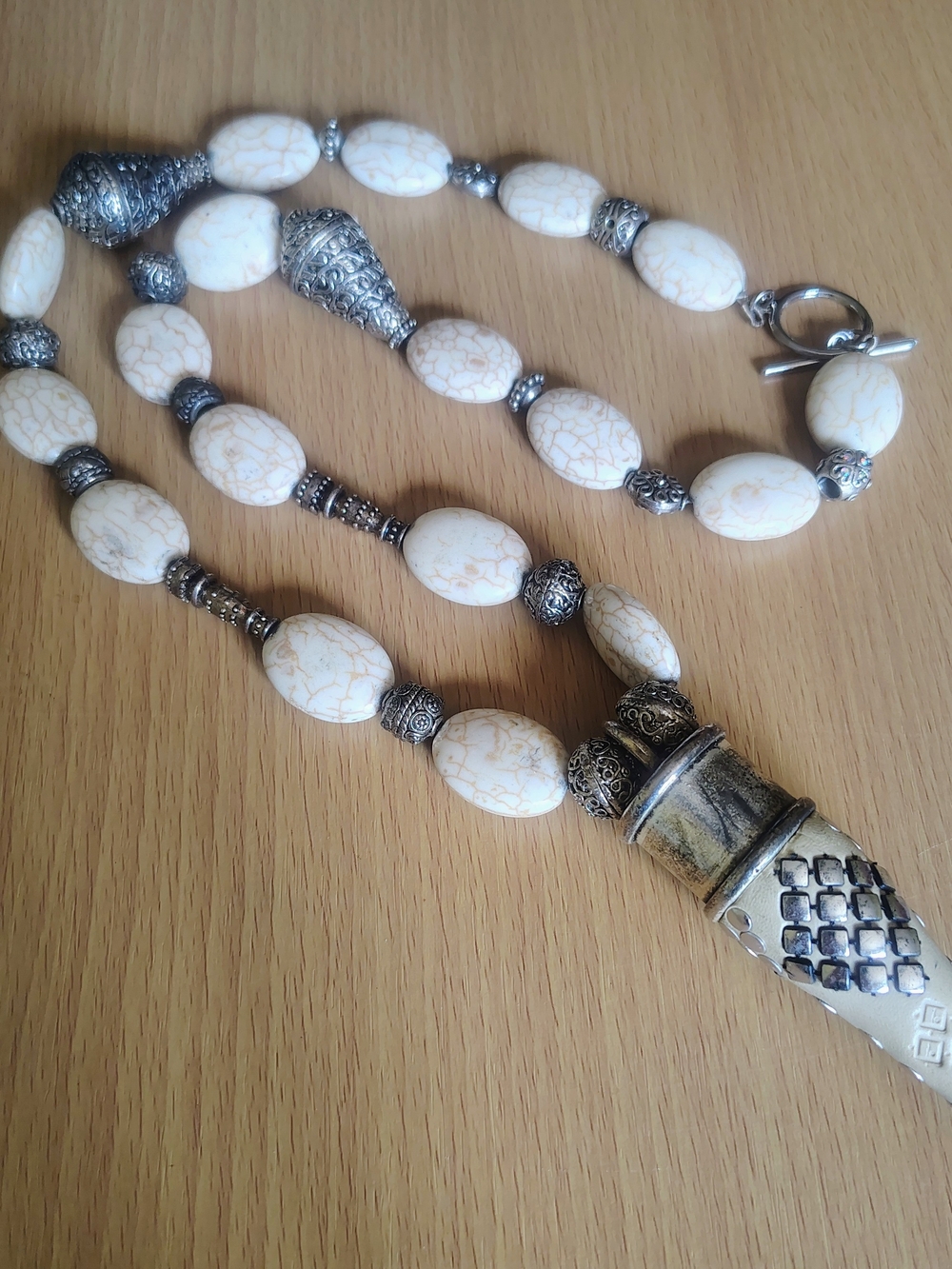 Handcrafted White Stone Bead and Silver-Tone Pendant Necklace - Women Jewelry